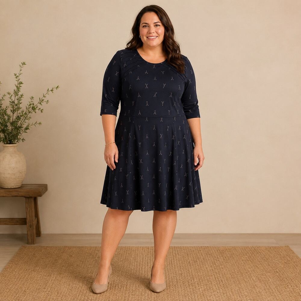 Unique Vintage Eiffel Tower Paris Novelty Navy Fit Flare Stretch Dress 3XL